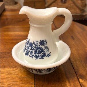 Avon Blue Floral Design Pitcher and Bowl Set. Vintage. Milk glass.